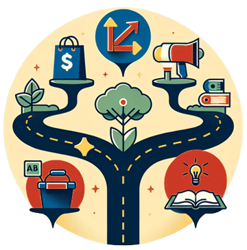 Illustration of creative and marketing services branching from a single path