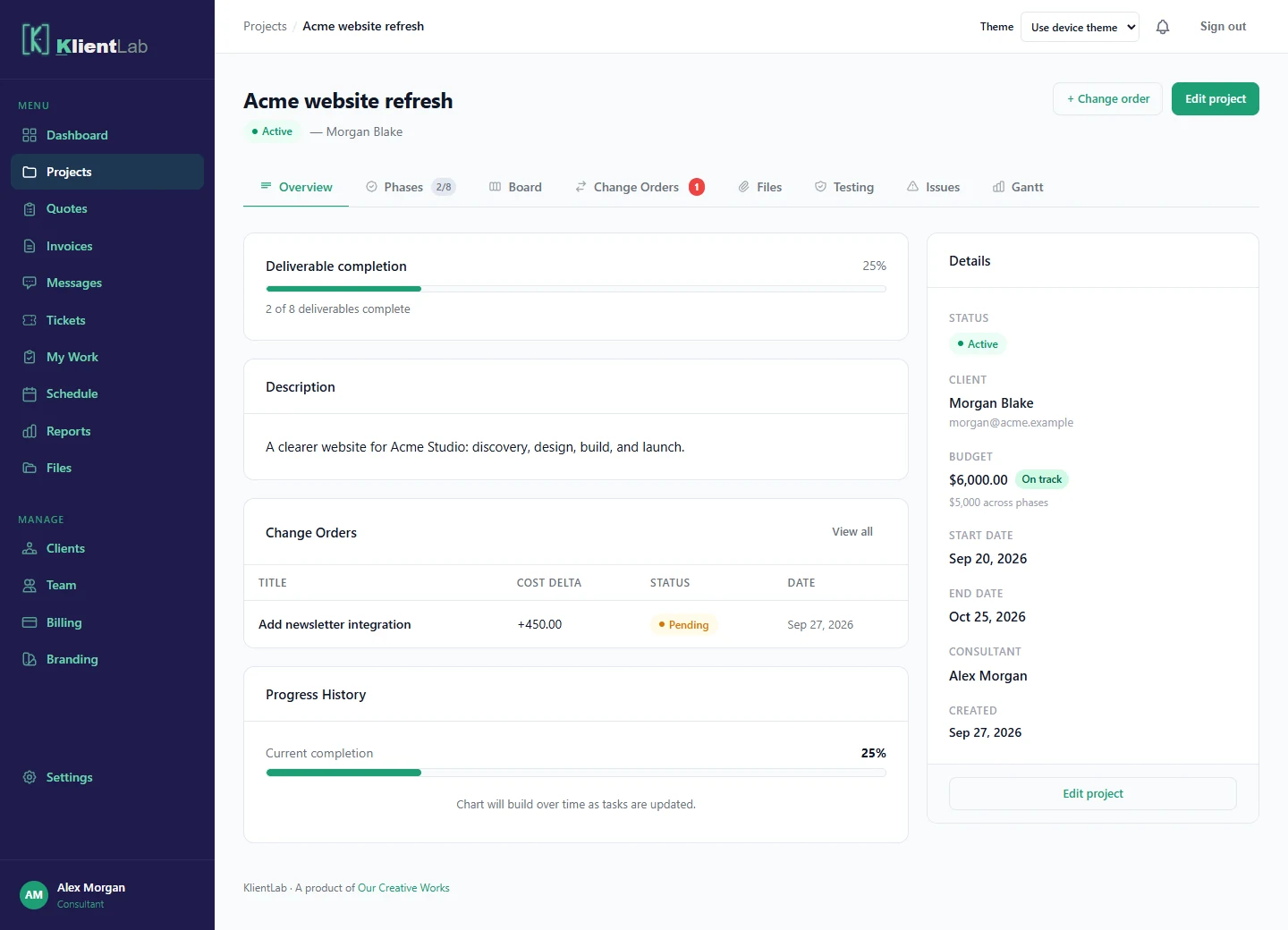 KlientLab project workspace with deliverable progress, change orders, and project details
